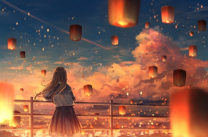 Anime girl watching sky lanterns at sunset