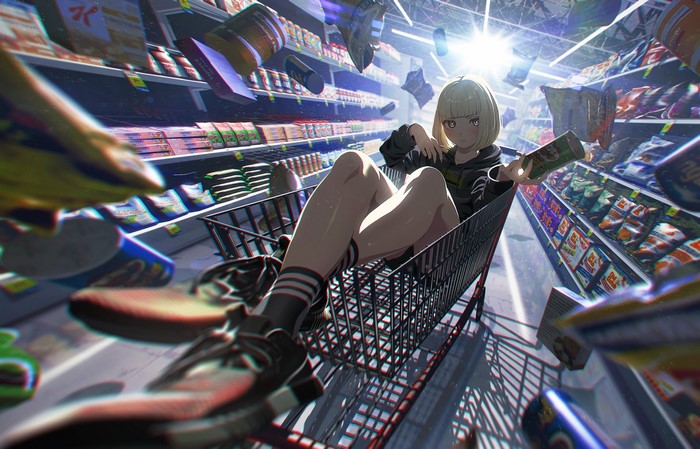 Anime girl with white hair in a shopping cart at a supermarket