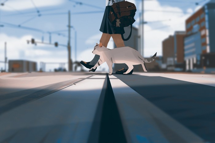 Anime girl with cat crossing street