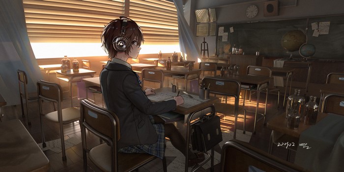Anime girl with headphones in a classroom