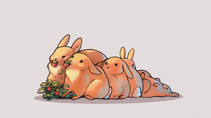 Cartoon rabbits eating strawberries