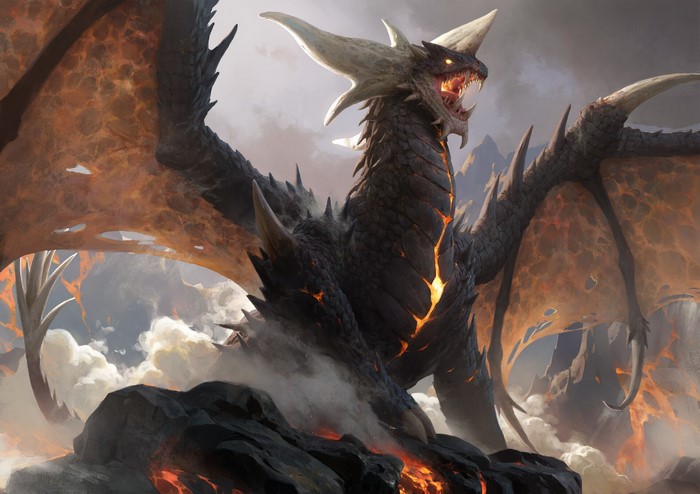 Fantasy art of a black dragon with glowing orange cracks