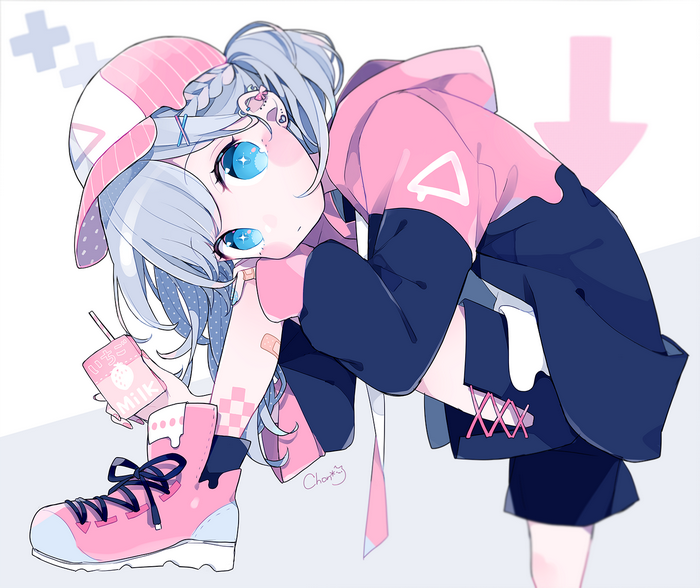 Anime girl with blue eyes and pink hoodie
