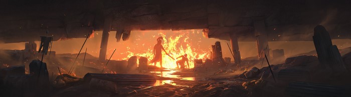 Roman art painting of figures in a burning ruin