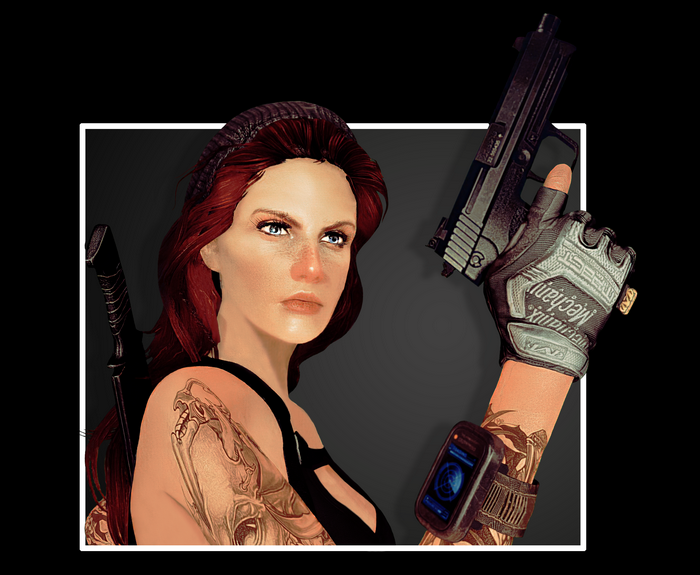 Redhead woman with tactical gear and handgun