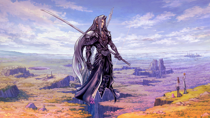 Sephiroth from Final Fantasy VII in a fantasy landscape