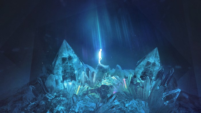 Figure standing on crystals under aurora