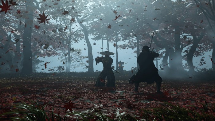 Ghost of Tsushima 4K samurai duel in autumn forest