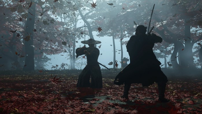 Ghost of Tsushima: Two samurai duel in a forest