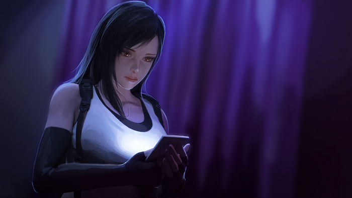 Tifa Lockhart from Final Fantasy VII holding a cellphone