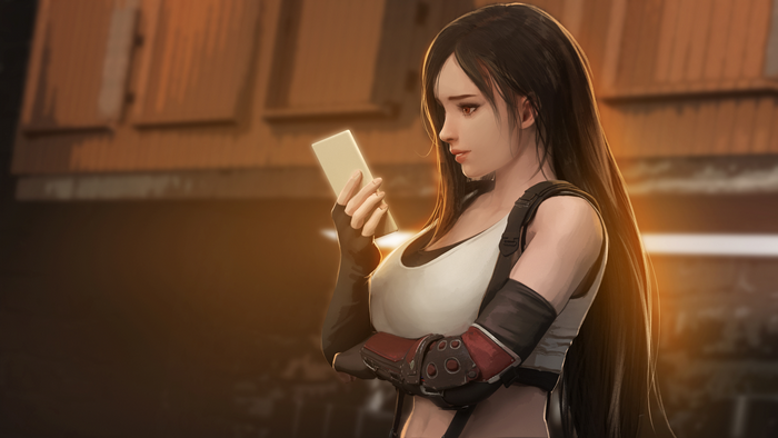 Tifa Lockhart from Final Fantasy VII holding a cellphone