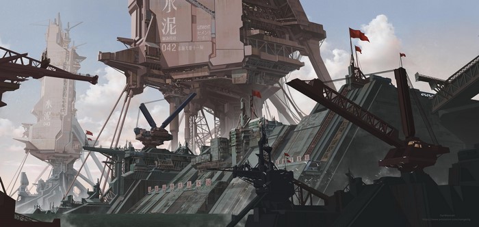 Industrial port with Chinese propaganda