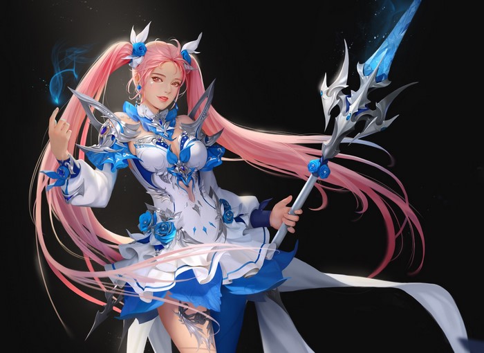 Fantasy girl with pink twintails holding a spear