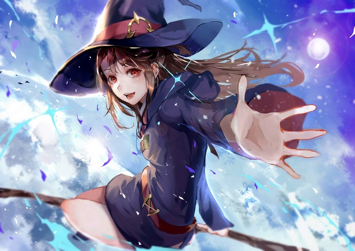 Megumin from Little Witch Academia flying on a broom