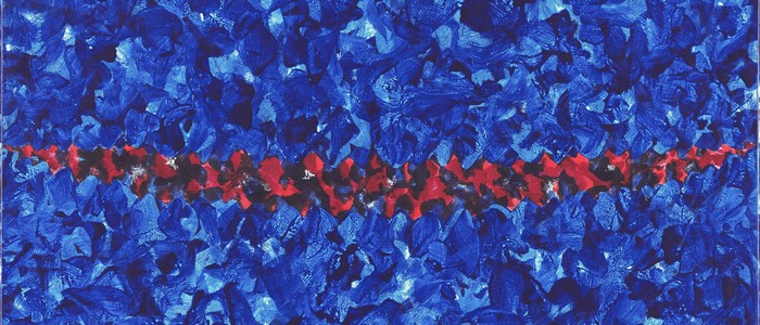 Abstract painting with blue and red brushstrokes