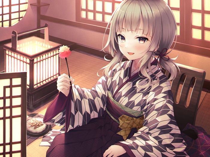 Girl in Kimono Holding a Duster