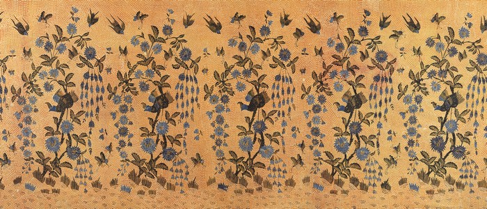 Fabric texture with blue flowers and birds