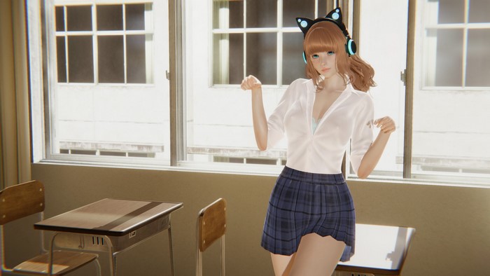 Girl with cat ears and headphones in school uniform