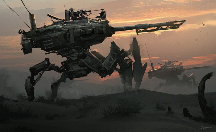 Giant mechanical walkers with cannons in a desert