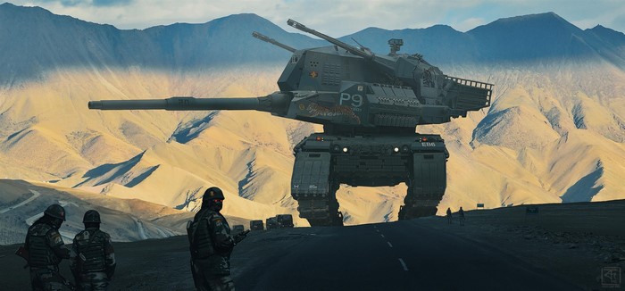 Giant mech with cannons in a mountainous desert landscape
