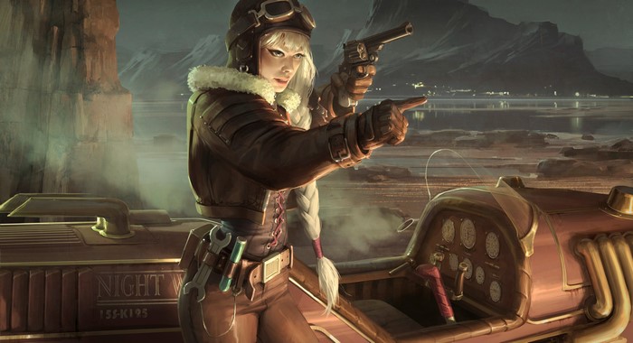 Steampunk pilot with gun in a vehicle