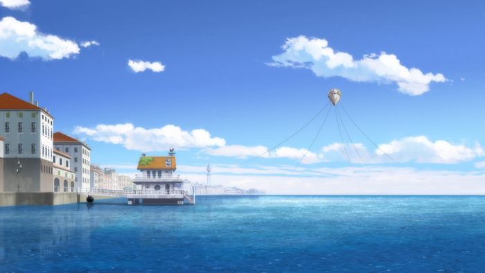 Aria anime scene with buildings and a balloon