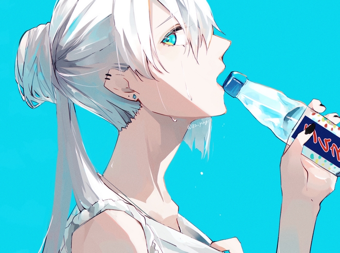 Girl with White Hair and Blue Eyes Drinking Soda