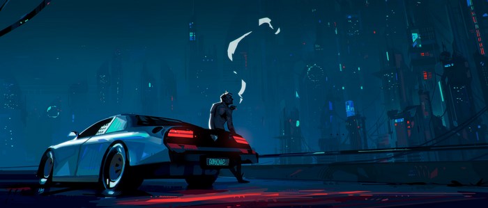 Man smoking next to a futuristic car in a neon cityscape