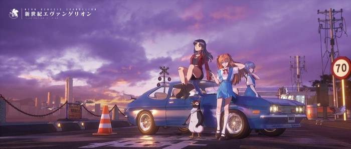 Asuka, Rei, and Misato from Neon Genesis Evangelion with Penpen and a car