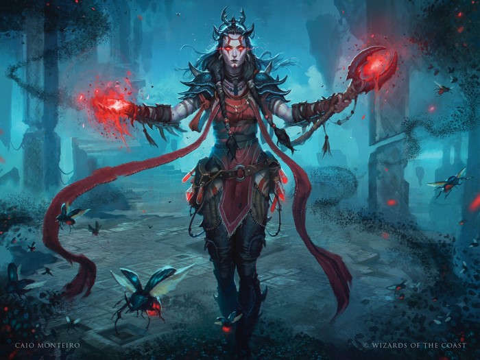 Fantasy art of a woman casting magic with insects