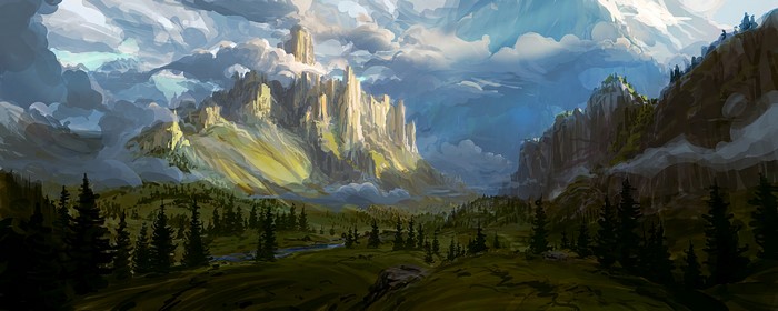 4K landscape of a mountain valley with clouds