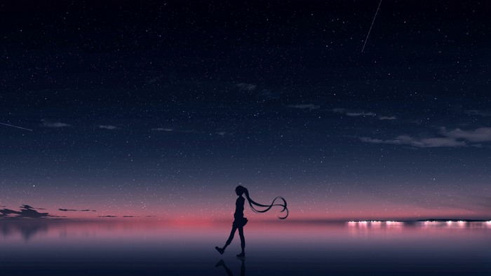 Girl walking by the water under a starry sky