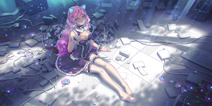 Anime cat girl in cyberpunk setting with flowers