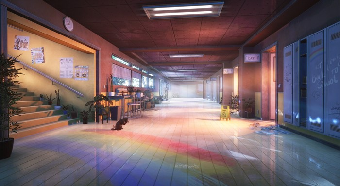 Anime school hallway with lockers, stairs, and a cat