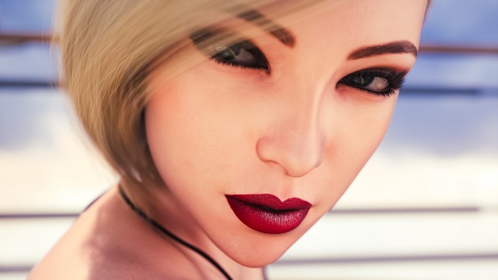 Woman with blonde hair and red lipstick