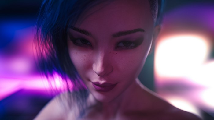 Woman with blue hair in neon lighting