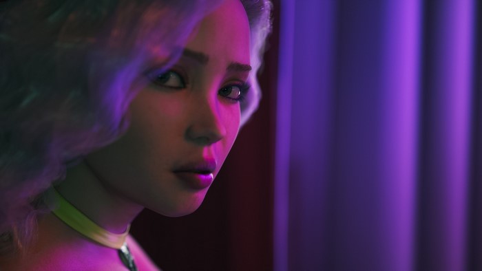 Woman with purple hair in a neon-lit room