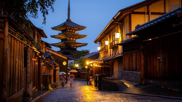 Street in Kyoto, Japan with Pagoda and Lanterns