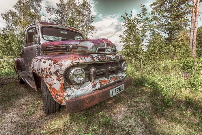 Rusted vintage Ford truck in a forest