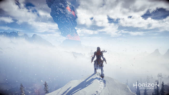 Aloy from Horizon Zero Dawn in a snowy landscape with a volcano