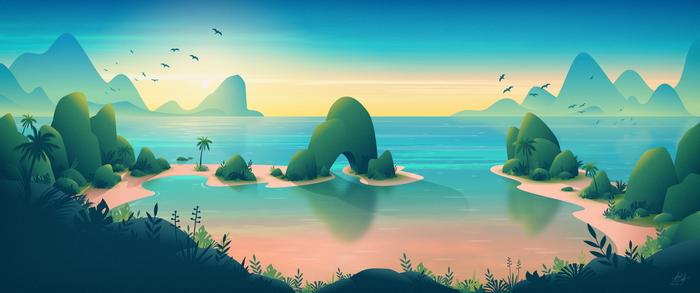 Tropical island landscape with mountains and sea at sunrise