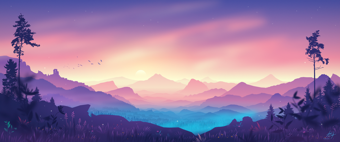 Fantasy landscape with mountains and gradient sky by Louis Coyle