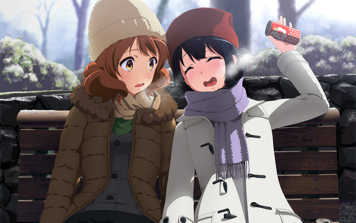 Two anime girls sitting on a bench in winter