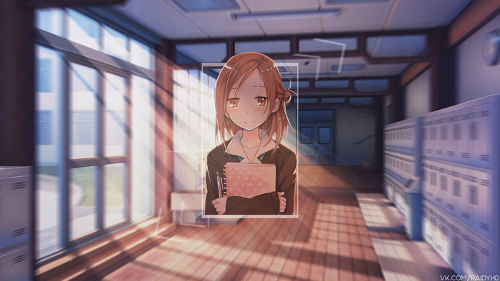 Anime girl with notebook in school hallway