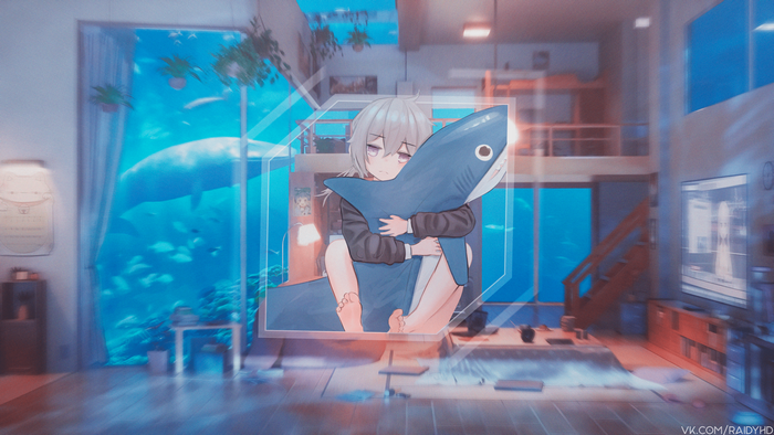 Anime girl hugging a shark plushie in a room with an aquarium