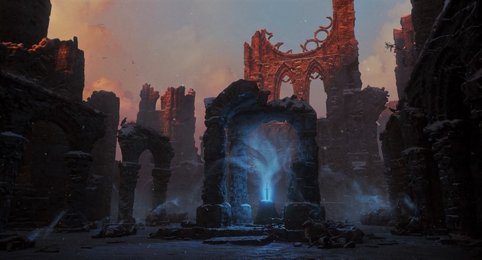 Ruins with a glowing sword, by Vyacheslav Buy
