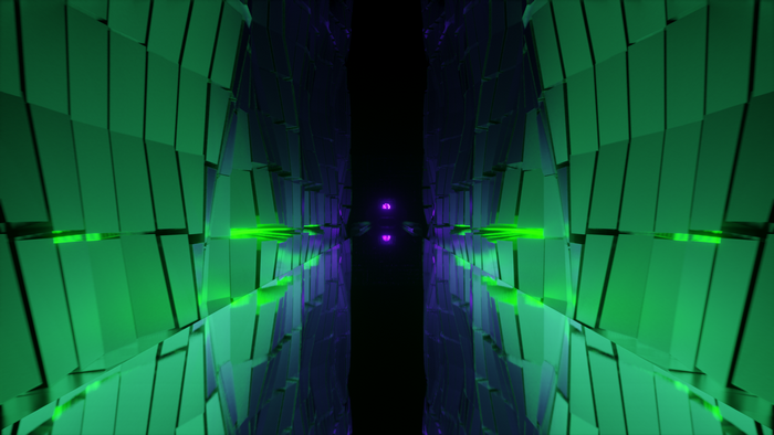Abstract green and purple digital tunnel with glowing lights