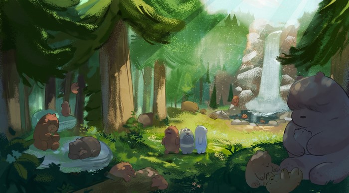 We Bare Bears in a Forest with Waterfall