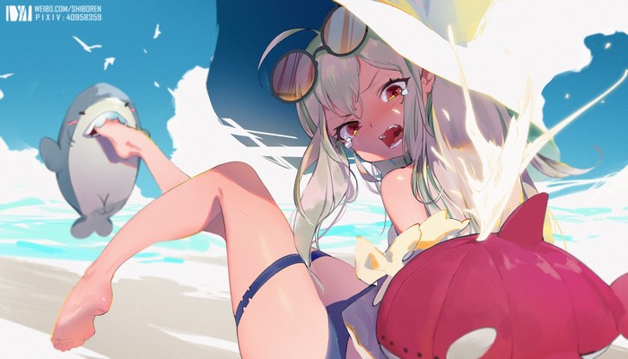 Skadi from Arknights on the beach with toy sharks