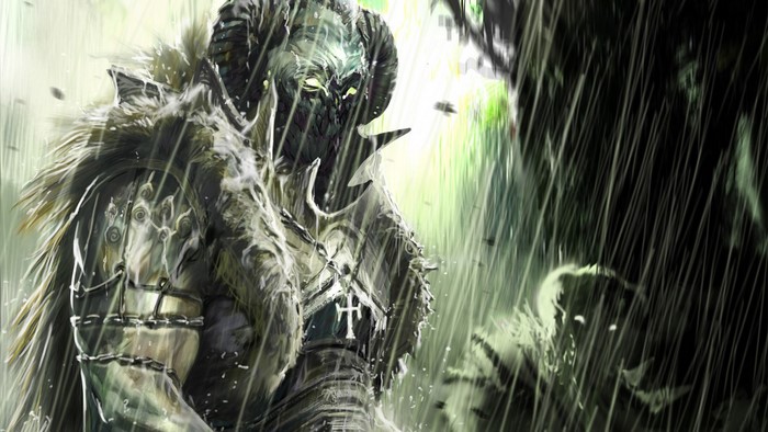 Fantasy creature with horns in the rain